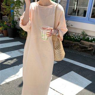 Long-sleeve Plain Dress Orange Pink - One Size
