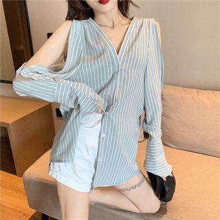 Striped Off-shoulder V-neck Blouse Light Blue - One Size