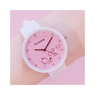 Set: Heart Print Strap Watch + Floral Bangle