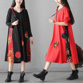Floral Print Hooded Long-sleeve A-line Midi Dress
