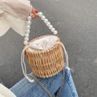 Faux Pearl Woven Cylinder Bucket Bag Khaki - One Size