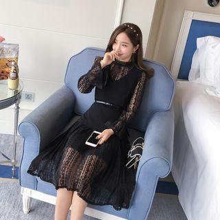 Set: Long Sleeve Mock-neck Lace Dress + V-neck Belt Vest