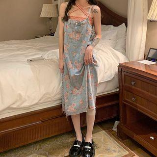 Spaghetti Strap Floral Print Denim Midi Dress / Camisole Top