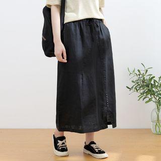 Drawstring-waist Linen Midi A-line Skirt