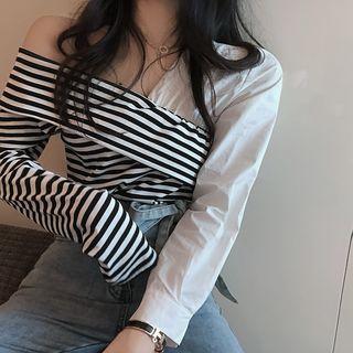 Patchwork Off-shoulder V-neck Top