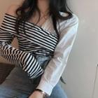 Patchwork Off-shoulder V-neck Top