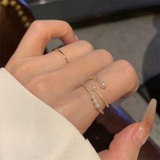 Faux Pearl Layered Alloy Open Ring Set Of 2 Pcs - Gold - One Size