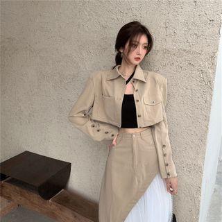 Plain Cargo Jacket / High Waist Mesh A-line Skirt
