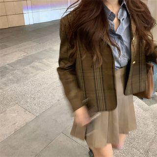 Plaid Blazer / Plain Shirt / High-waist Pleated Mini Skirt