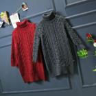 Mock-turtleneck Long-sleeved Slit-back Crewneck Knitted Plain Long Pullover