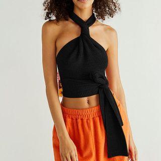 Sleeveless Halter-neck Cutout-back Tie-hem Plain Top