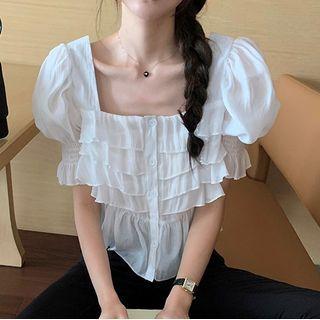 Puff Sleeve Square-neck Blouse White - One Size