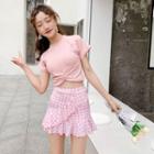 Set: Short-sleeve Top + Plaid Swim Skirt