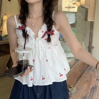 Cherry Embroidery Camisole Top White - One Size