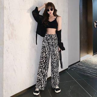 Long-sleeve Plain Shirt / Plain Camisole / High-waist Zebra Print Pants