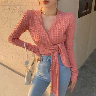 Long-sleeve V-neck Tie-waist Top