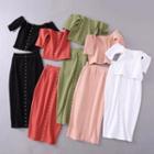 Short-sleeve Off-shoulder Crop Top / Fitted Midi Skirt / Set