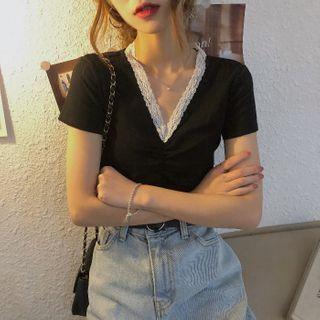 Short-sleeve V-neck Top As Shown In Figure - One Size