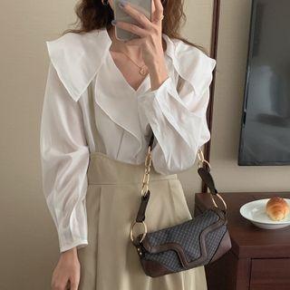 Long-sleeve Collared Plain Shirt Shirt - White - One Size