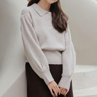 Half-buttoned Ribbed Plain Knit Top