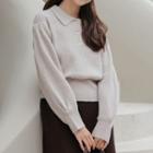 Half-buttoned Ribbed Plain Knit Top