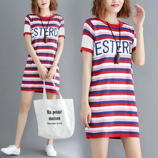 Short-sleeve Striped Mini Knit Dress Stripe - Red - One Size
