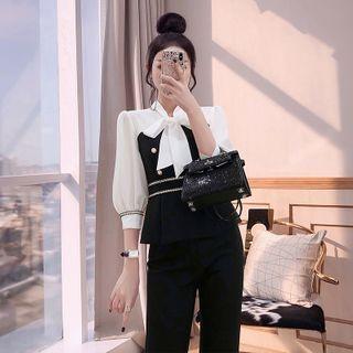 Set: Tie-neck Paneled Blouse + Cropped Boot-cut Pants