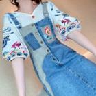 Set: Elbow-sleeve Embroidered Blouse + Mini A-line Overall Dress