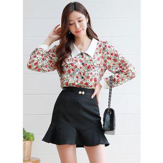 Deep-neck Contrast-cuff Floral Blouse