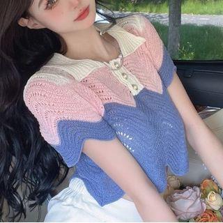 Short-sleeve Collar Color Block Pointelle Knit Top