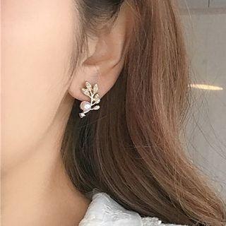 Faux Pearl Rhinestone Leaf Earring