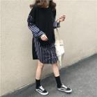 Mock-two Striped Long-sleeve Loose-fit Dress Black - One Size