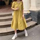Elbow-sleeve Collared Midi A-line Dress Mustard Yellow - One Size