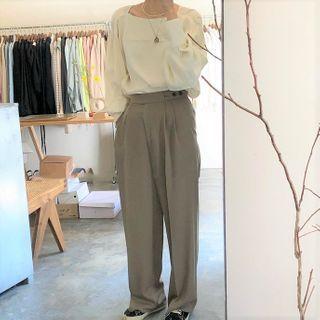 Long-sleeve Square-neck Blouse Beige - One Size