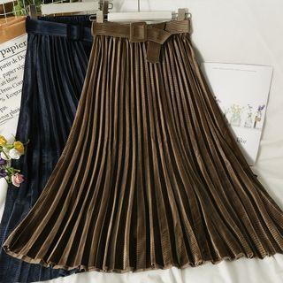 Velvet Pleated Midi Skirt With Belt In 5 Colors