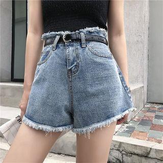 Plain High-waist Frayed Denim A-line Shorts
