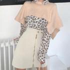 Leopard Print Blouse / Asymmetric Knit Shawl / Zip Mini A-line Skirt
