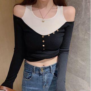 Mock Two-tone Cold-shoulder Knit Crop Top