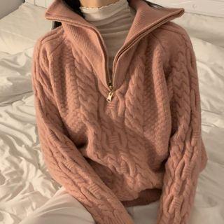 Half-zip Turtleneck Cable Knit Sweater Pink - One Size
