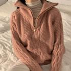 Half-zip Turtleneck Cable Knit Sweater Pink - One Size