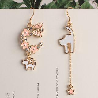 Non-matching Alloy Cat & Flower Dangle Earring