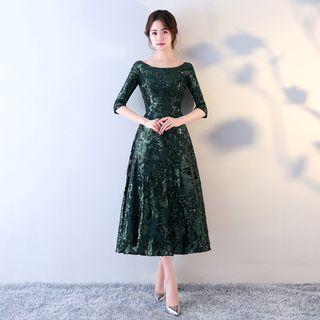 Elbow-sleeve Sequined A-line Evening Gown/ Midi Prom Dress