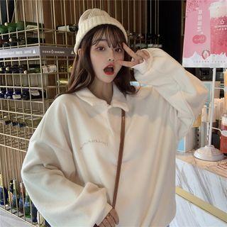 Lettering Embroidered Long-sleeve Fleece Top