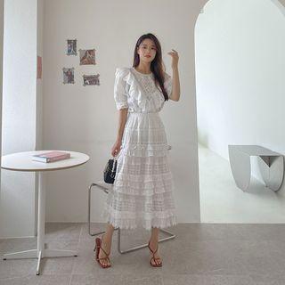 Frill-trim Laced Long Flare Skirt White - One Size