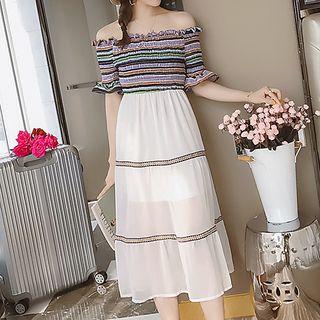 Striped Off-shoulder Chiffon Dress