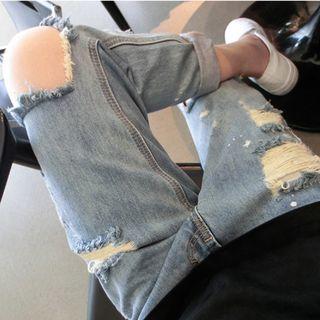 High-waist Plain Distressed Loose Fit Straight Leg Jeans