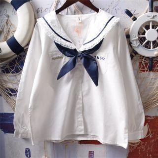 Long-sleeve Embroidered Lace Trim Sailor Collar Top White - One Size