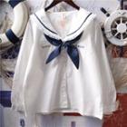 Long-sleeve Embroidered Lace Trim Sailor Collar Top White - One Size