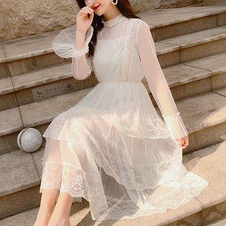 Set: Long-sleeve Tiered Lace Dress + Slipdress