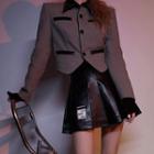 Houndstooth Button-up Jacket / Faux Leather Pleated Mini A-line Skirt